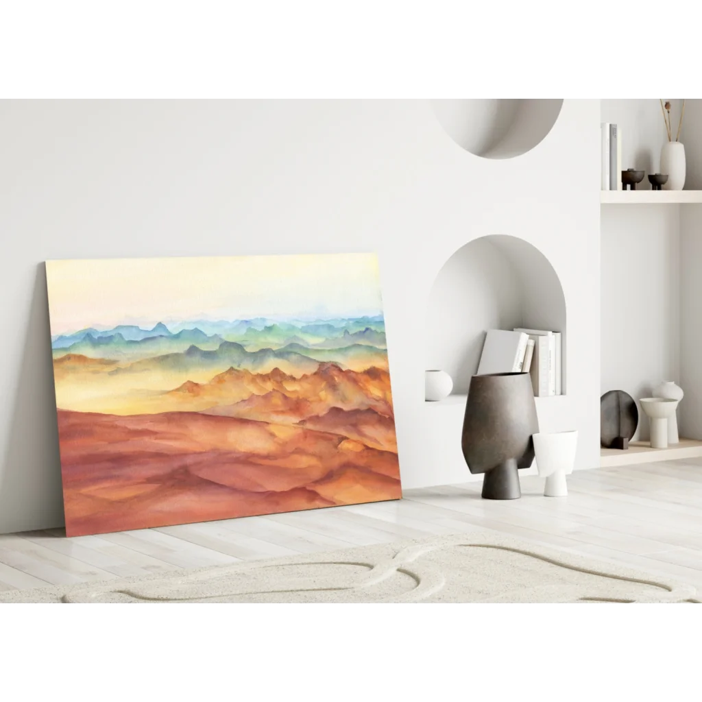 Vibrant terracotta and teal glass wall art of watercolor mountain landscape