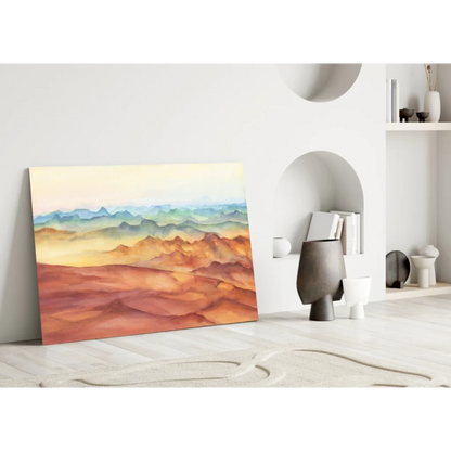 Vibrant terracotta and teal glass wall art of watercolor mountain landscape