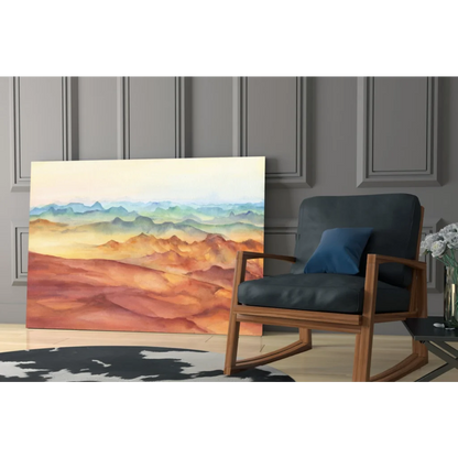 Vibrant terracotta and teal glass wall art of layered mountain ranges