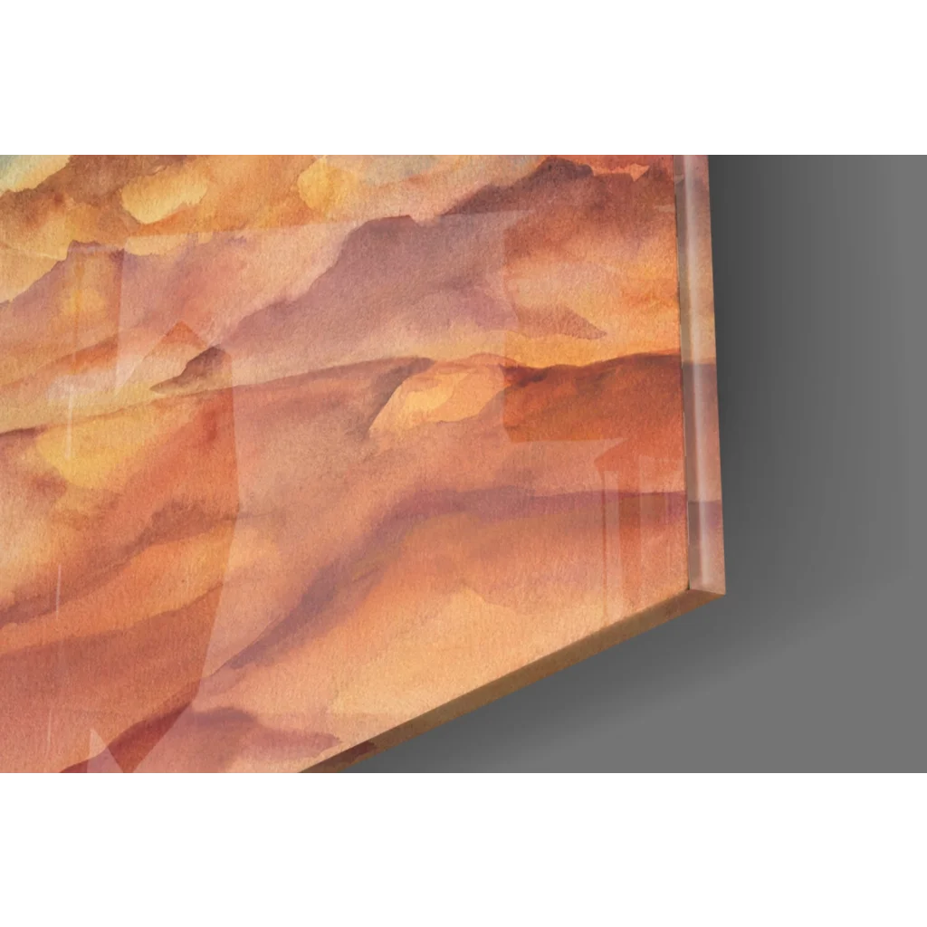 Stunning terracotta and teal glass wall art of desert landscape