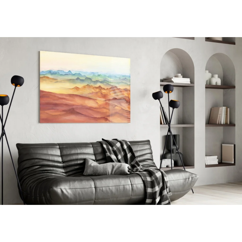 Stunning terracotta and teal glass wall art of watercolor mountain landscape