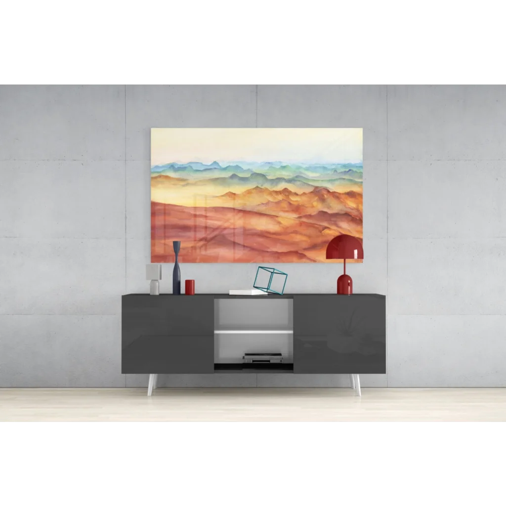 Stunning terracotta and teal glass wall art of vibrant watercolor mountains