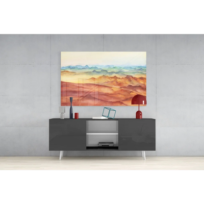 Stunning terracotta and teal glass wall art of vibrant watercolor mountains