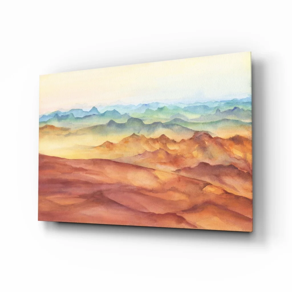 Stunning terracotta and teal mountain glass wall art on canvas