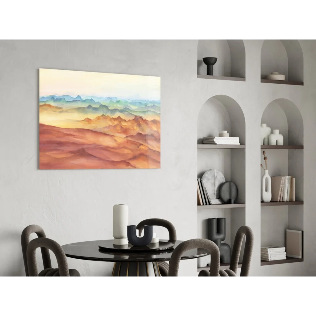 Stunning terracotta and teal glass wall art of watercolor desert mountains