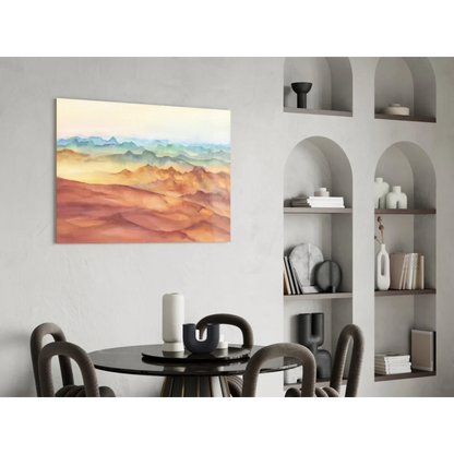 Stunning terracotta and teal glass wall art of watercolor desert mountains