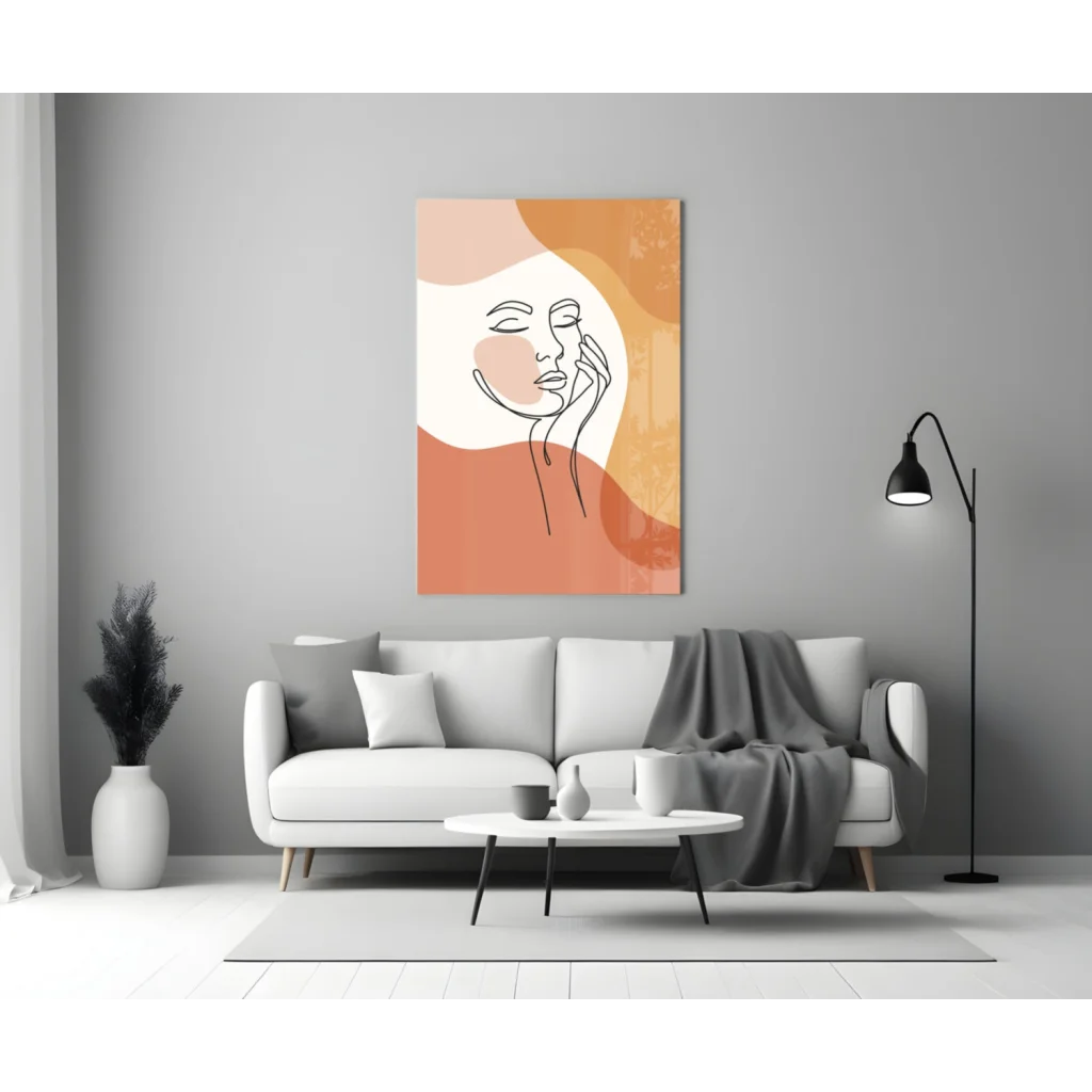 Abstract orange and white face wall art with black outline on canvas