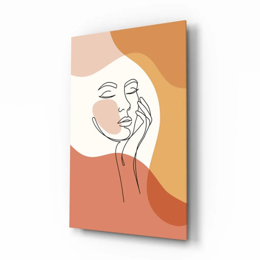 White minimalist woman portrait wall art on peach orange abstract canvas