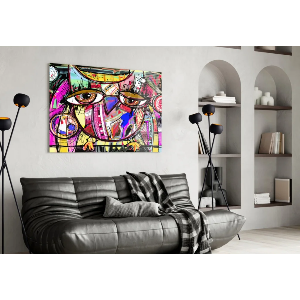 Bold pop art canvas wall art with vibrant geometric eyes in pink, yellow, purple, blue