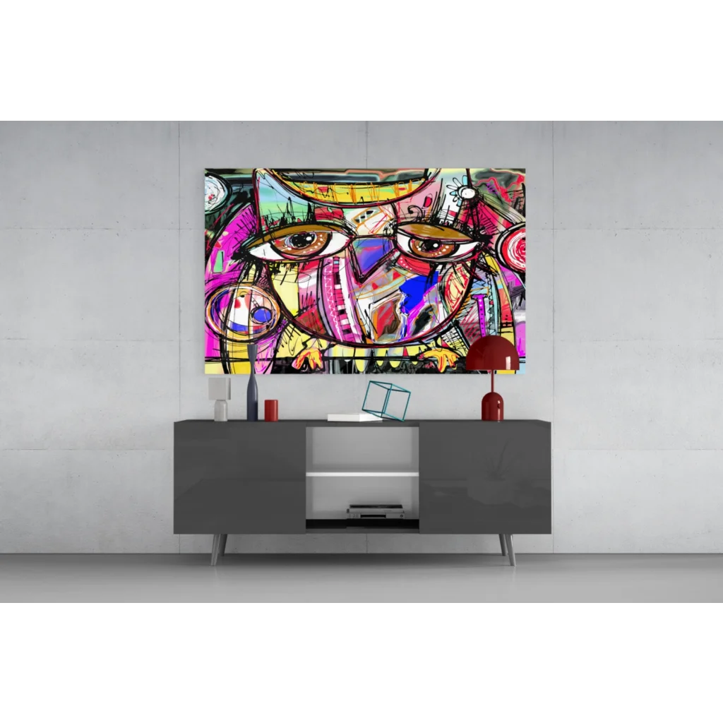 Bold pop art wall art canvas with vibrant geometric eyes in gold and brown