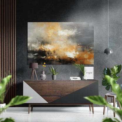 Abstract brushed aluminium dibond wall art with orange gray white swirls