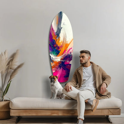 Vibrant tempered glass art surfboard wall piece with swirling pink, orange, purple, blue hues