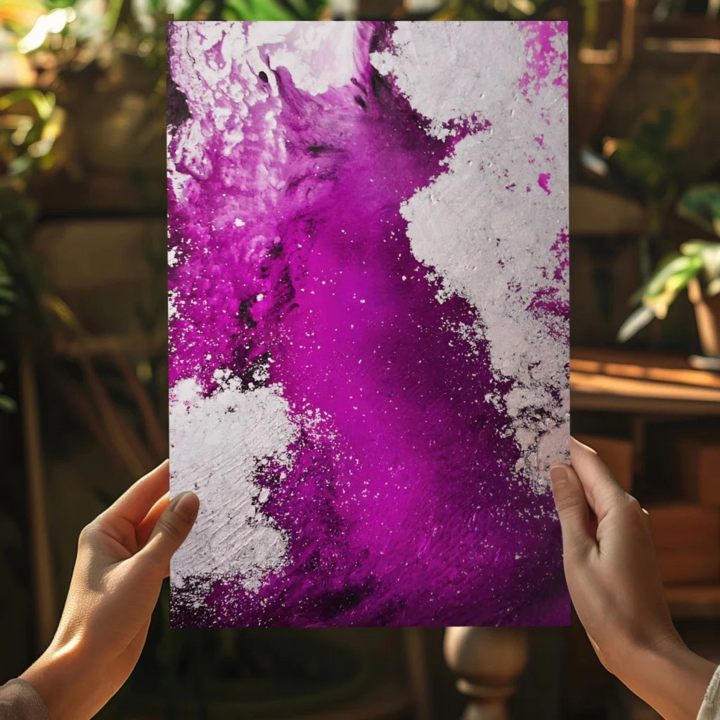 Vibrant purple and white abstract insigne aluminum print with textured splatters
