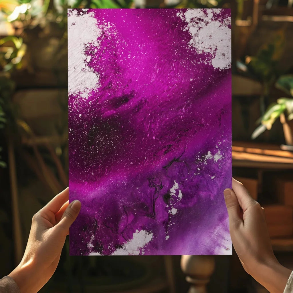 Vibrant purple and white insigne aluminum prints with galaxy swirls