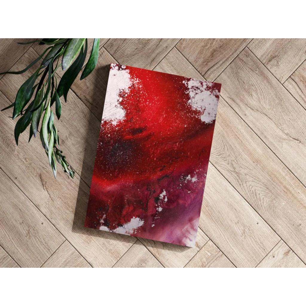 Vibrant red swirl insigne aluminum print on modern wall