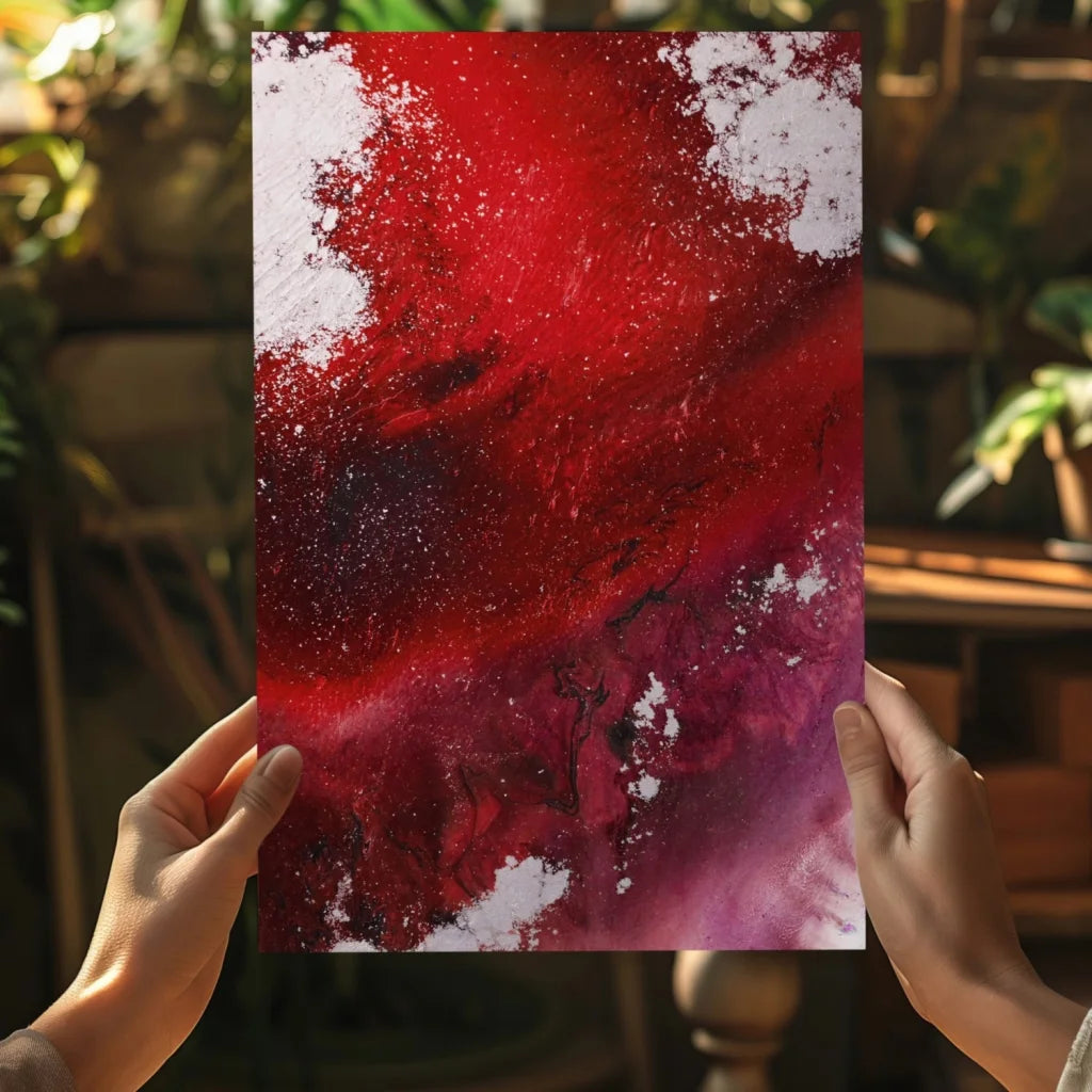 Vibrant red swirl insigne aluminum print with bold reds, purples, white splashes