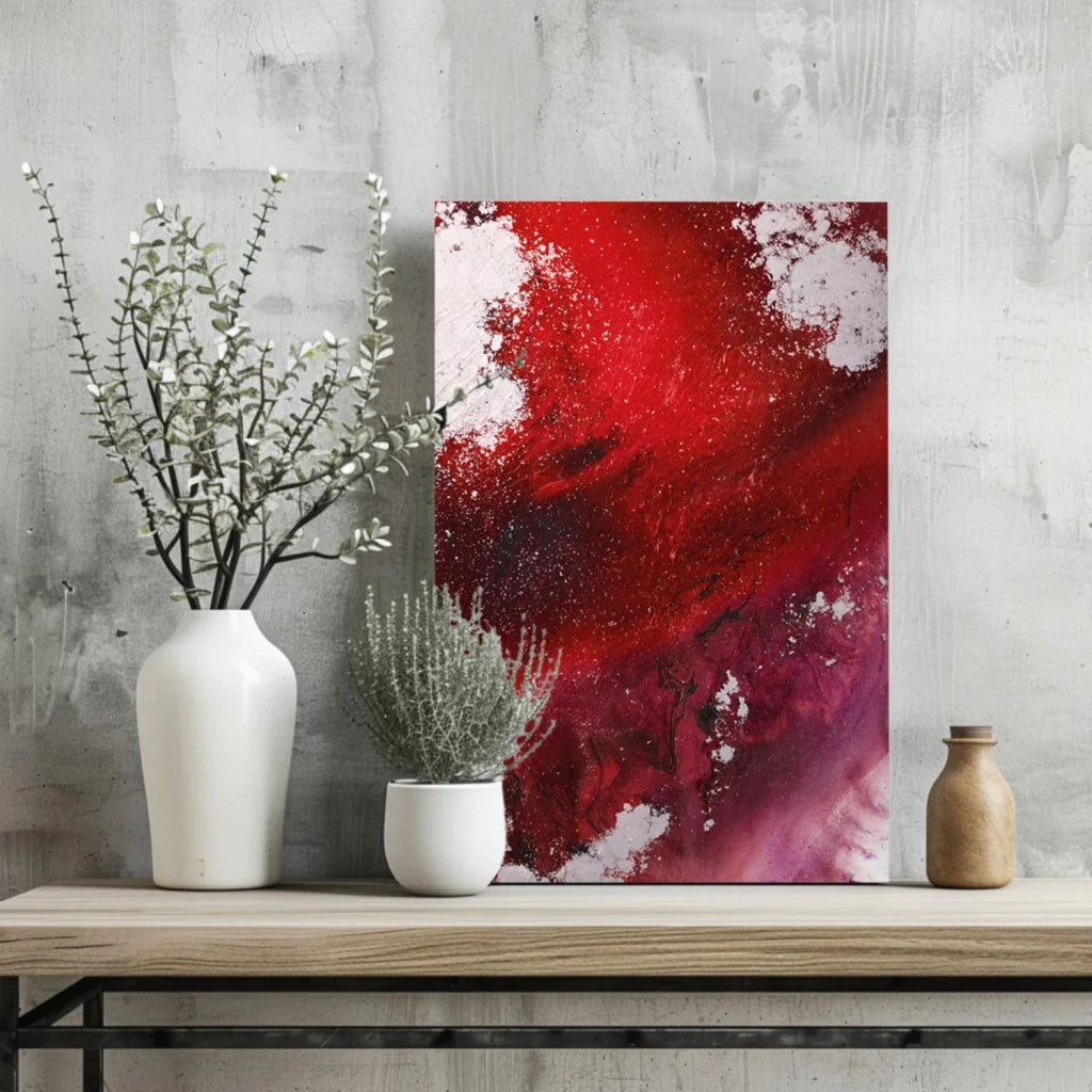 Vibrant red swirl insigne aluminum print with textured abstract brushstrokes