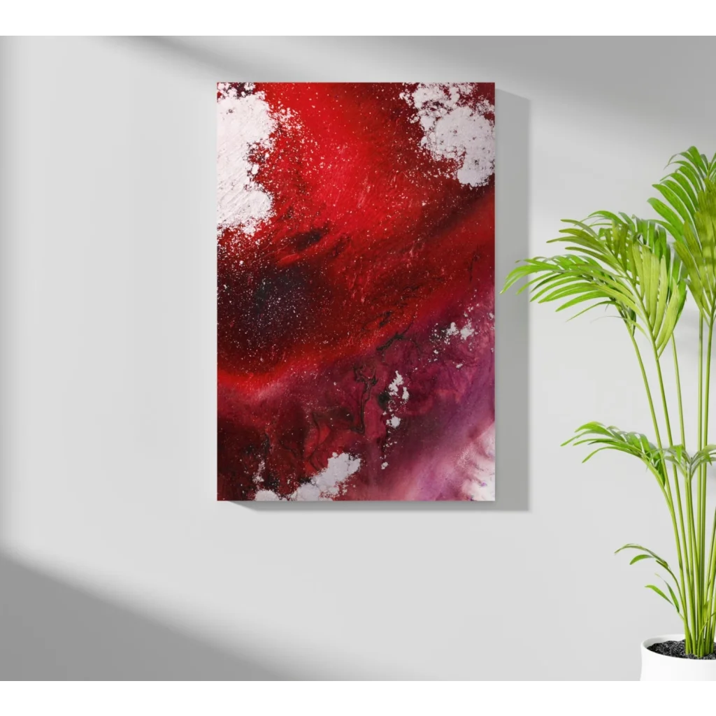 Vibrant red swirl insigne aluminum print on modern wall