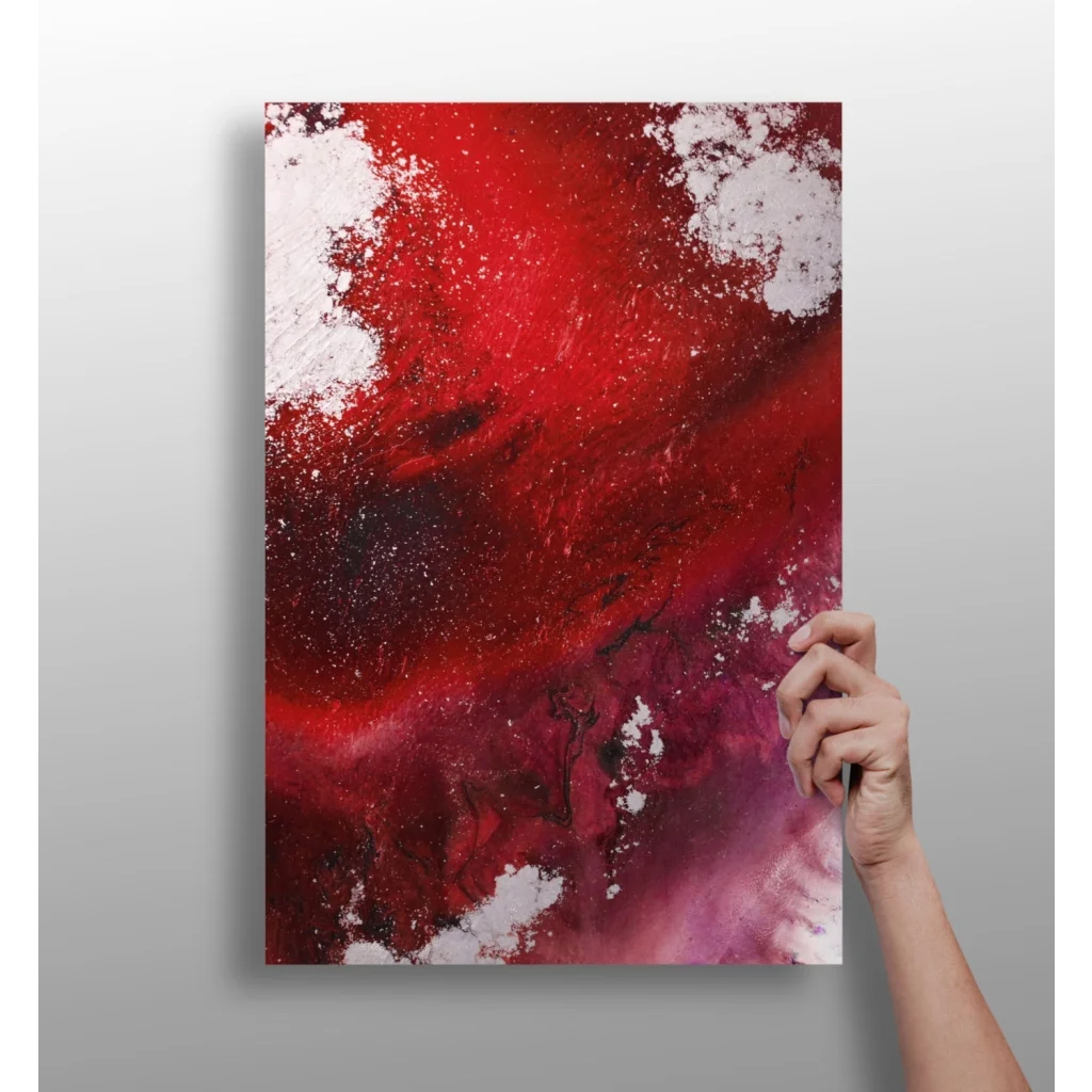 Vibrant red and white abstract swirl on insigne aluminum print for modern walls
