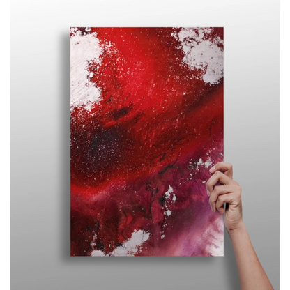 Vibrant red and white abstract swirl on insigne aluminum print for modern walls
