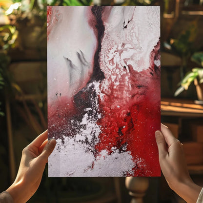 Bold swirl insigne aluminum print with red white black marbled patterns
