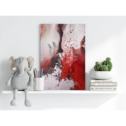 Vibrant abstract canvas painting in red white black swirls on Insigne aluminum print