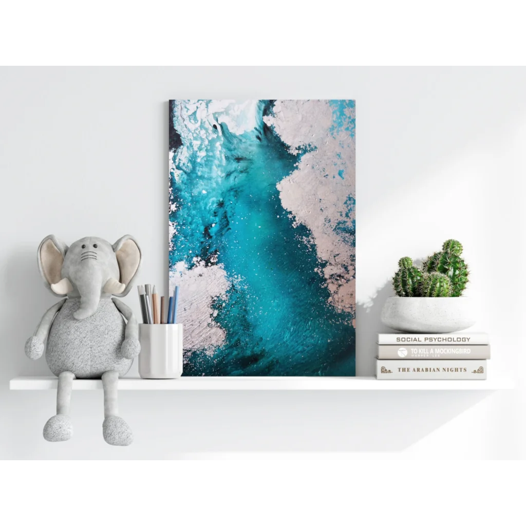 Vibrant turquoise abstract insigne aluminum print with swirling teal and pink hues