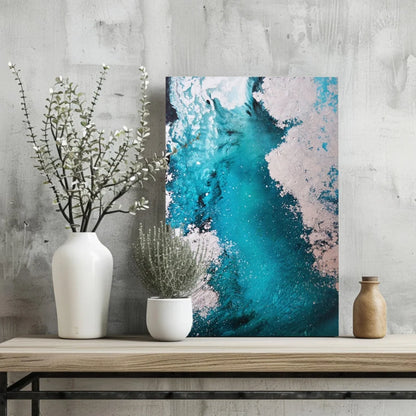 Vibrant turquoise abstract on insigne aluminum print with pink swirls