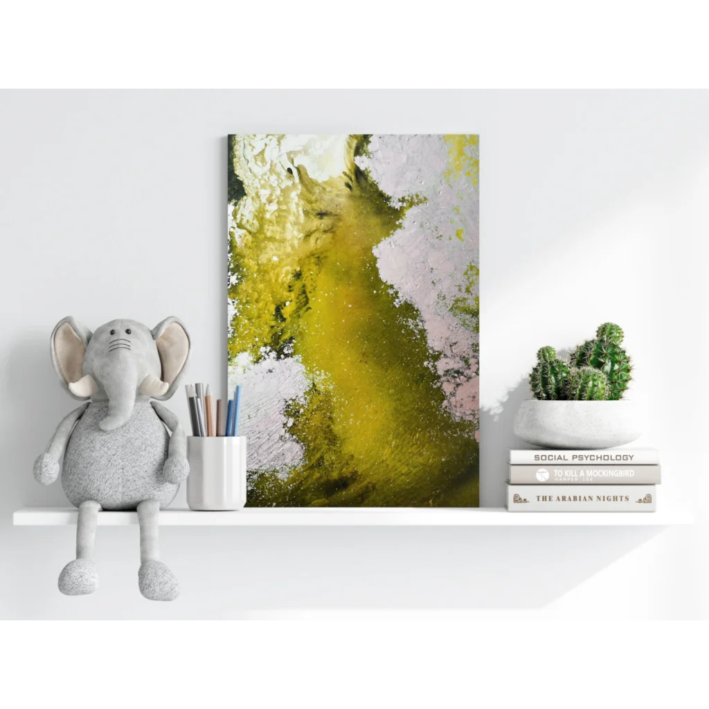 Vibrant abstract Insigne aluminum print with yellow streaks and pink accents on shelf