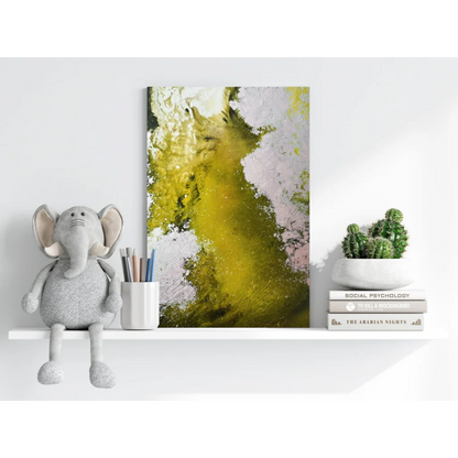 Vibrant abstract Insigne aluminum print with yellow streaks and pink accents on shelf
