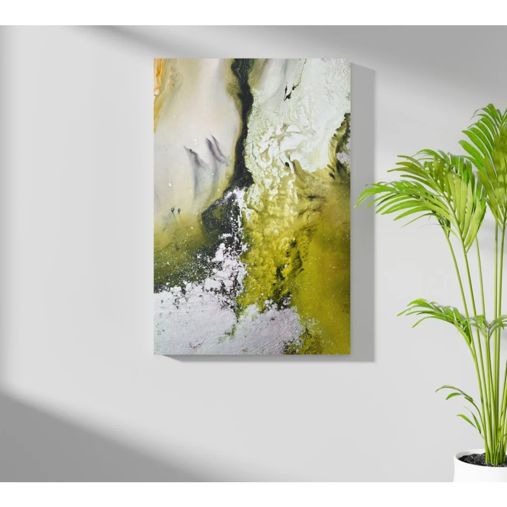 Vibrant swirl abstract painting on Insigne aluminum prints in white, yellow-green, black