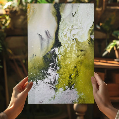 Vibrant swirl insigne aluminum print with white, yellow-green, black resin textures