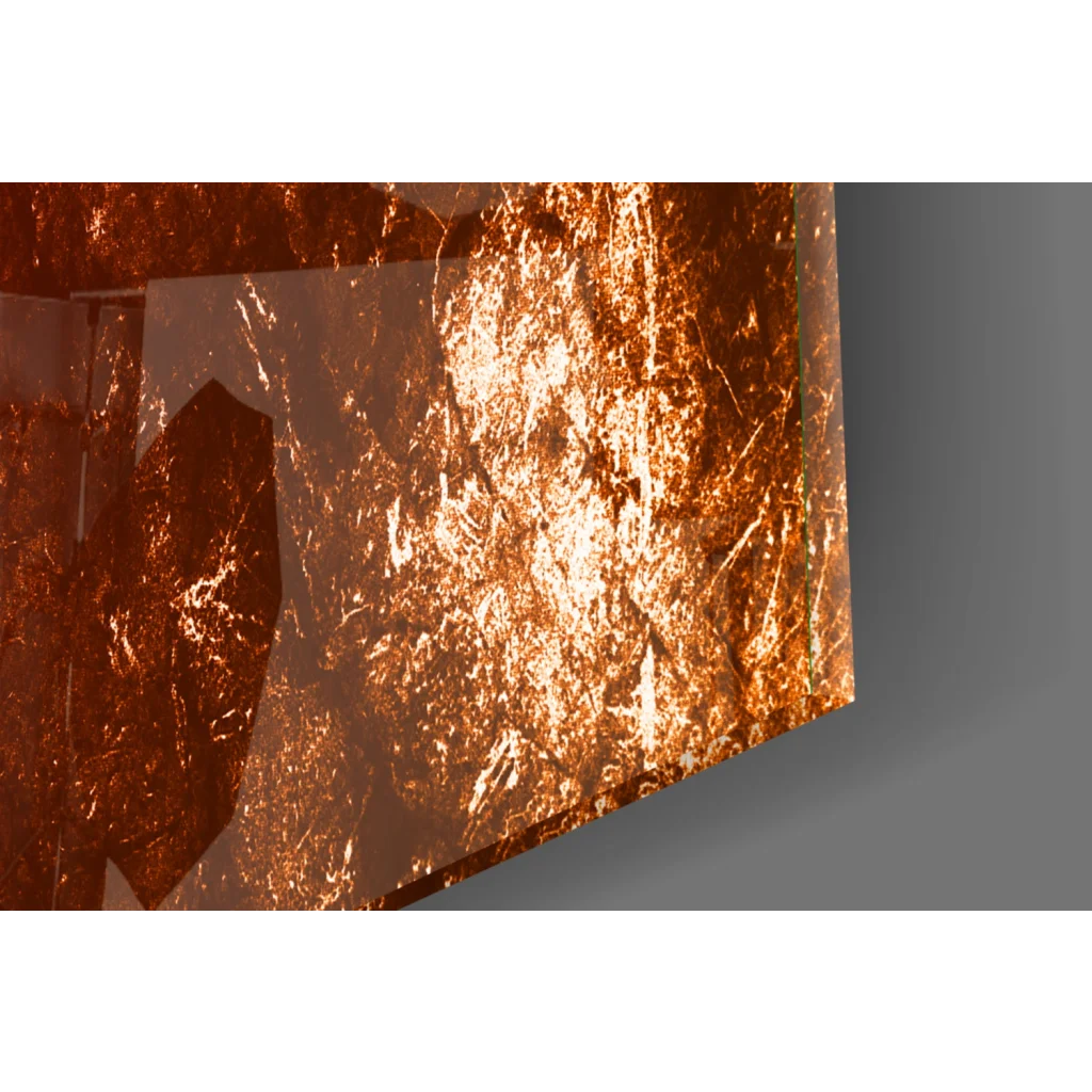 Glossy copper-toned glass wall art with crackled texture and purple gradient