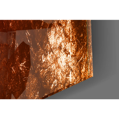 Glossy copper-toned glass wall art with crackled texture and purple gradient