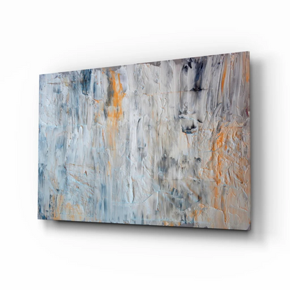 Textured abstract wall art canvas with blue gray tones and orange accents