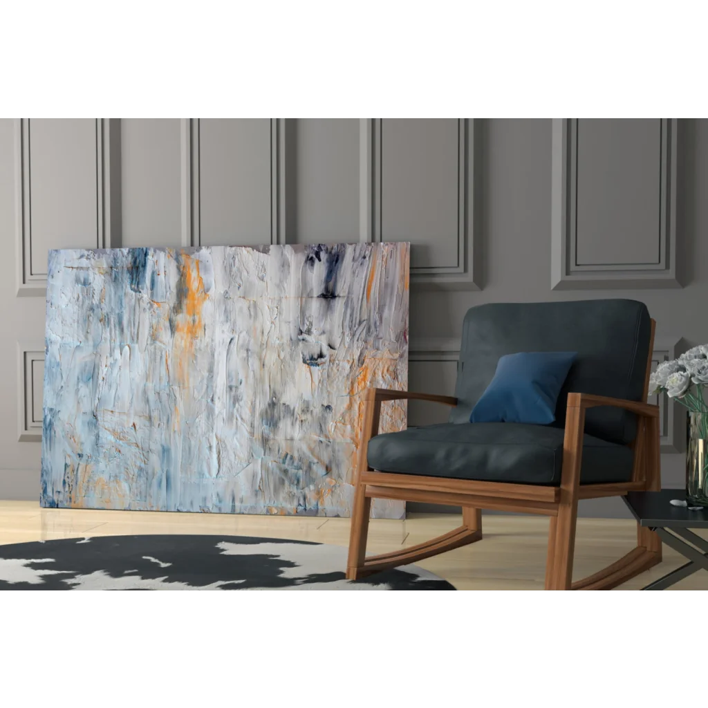 Modern textured abstract canvas wall art in blue, white, and orange tones