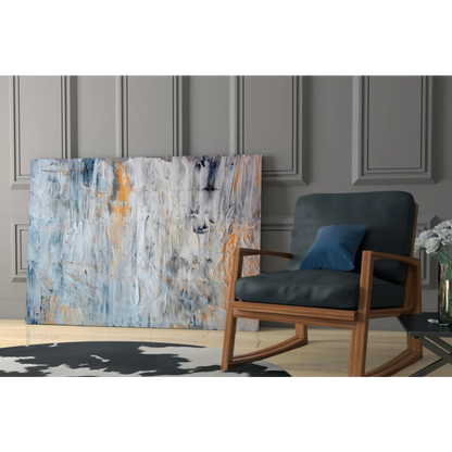 Modern textured abstract canvas wall art in blue, white, and orange tones