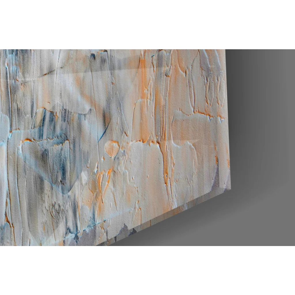 Textured abstract canvas wall art in muted gray, peach, and blue tones