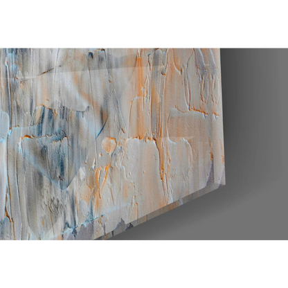 Textured abstract canvas wall art in muted gray, peach, and blue tones