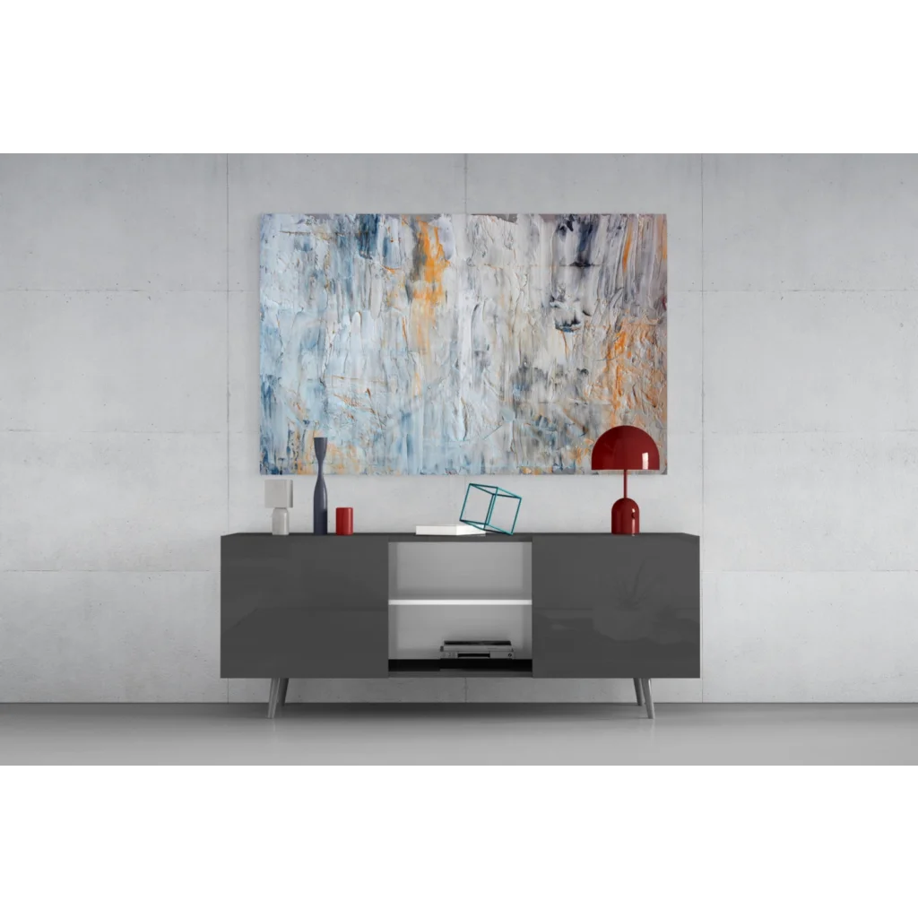 Modern gray sideboard with minimalist design under blue gray orange wall art