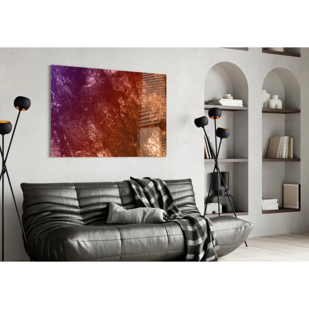 Vibrant purple to copper gradient wall art on white wall