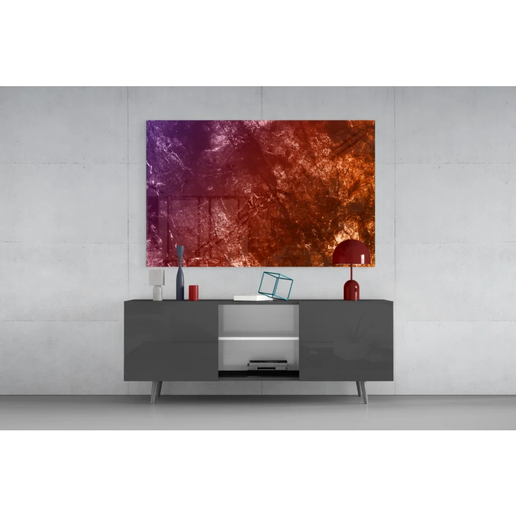 Vibrant purple to copper gradient wall art canvas above gray console