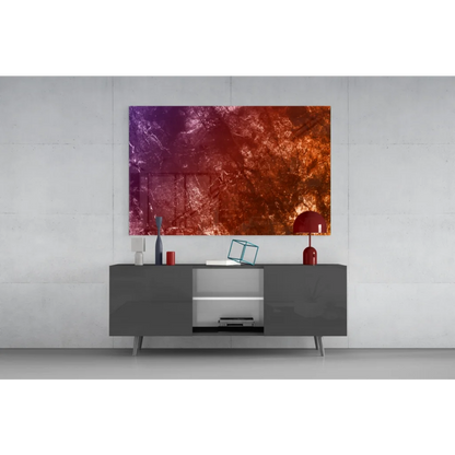 Vibrant purple to copper gradient wall art canvas above gray console