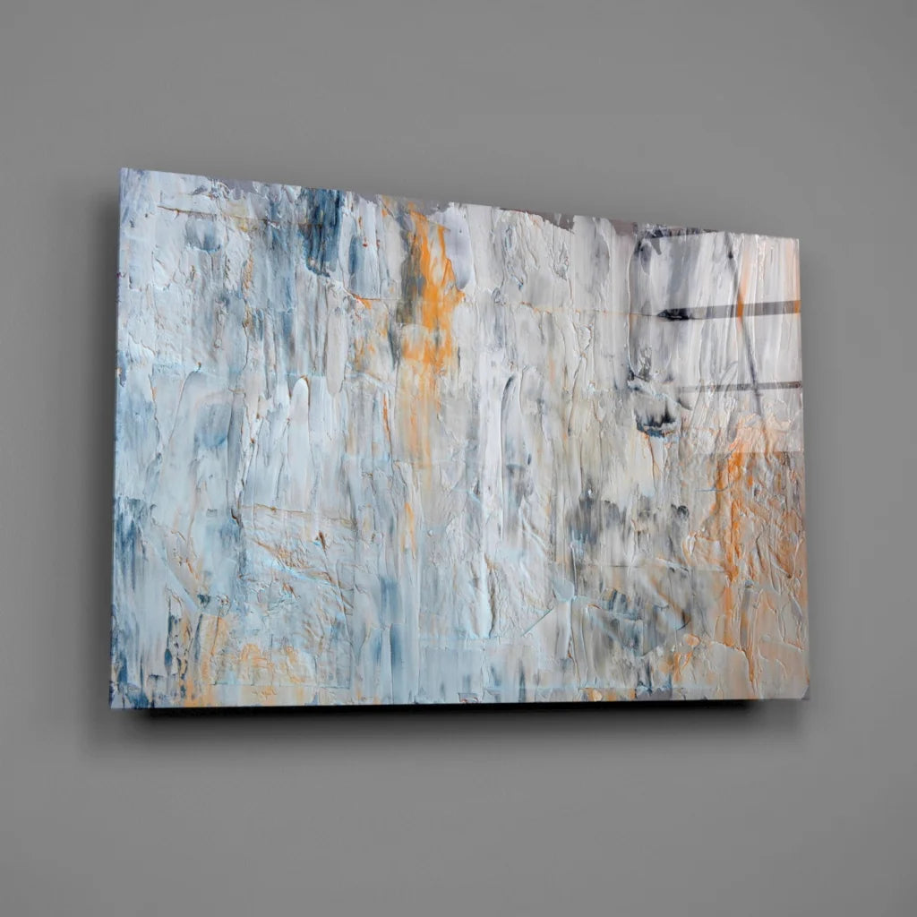 Textured abstract canvas wall art in white, gray, and soft orange tones