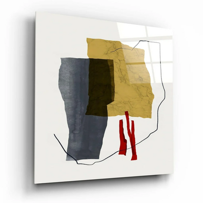 Modern bold geometric glass wall art in gold, red, gray layers