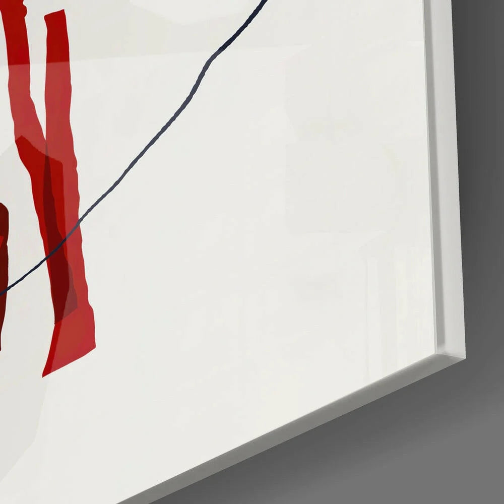 Bold red geometric glass wall art with black curve on white