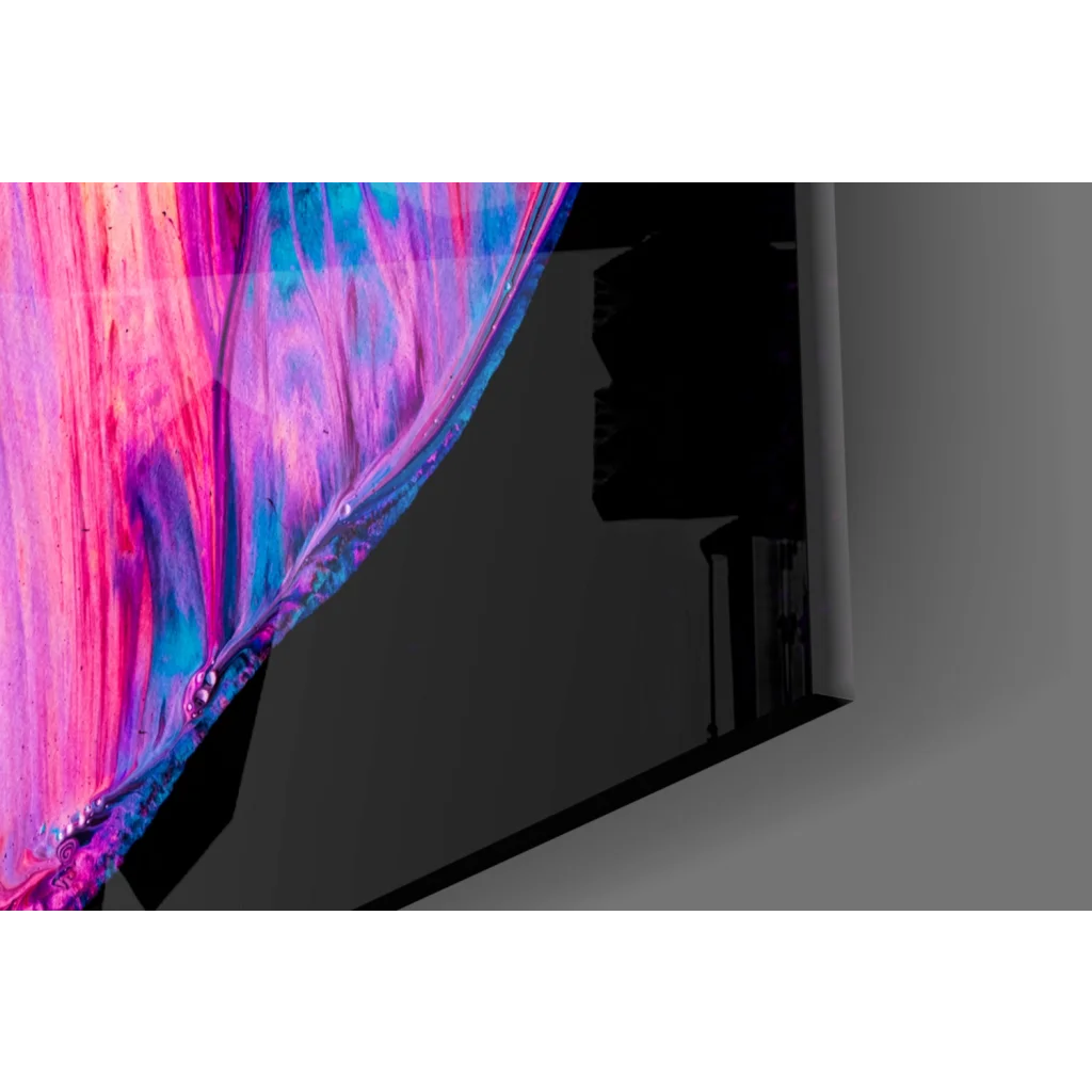 Vibrant curved glass wall art with swirling pink blue cosmic patterns