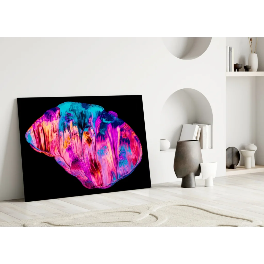 Vibrant swirling cosmic glass wall art in psychedelic pink, purple, blue, orange hues on black