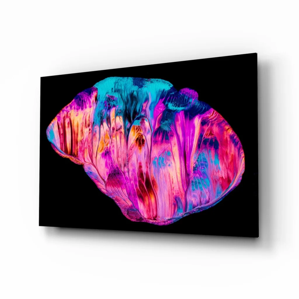 Vibrant swirling cosmic glass wall art in psychedelic iridescent shell hues