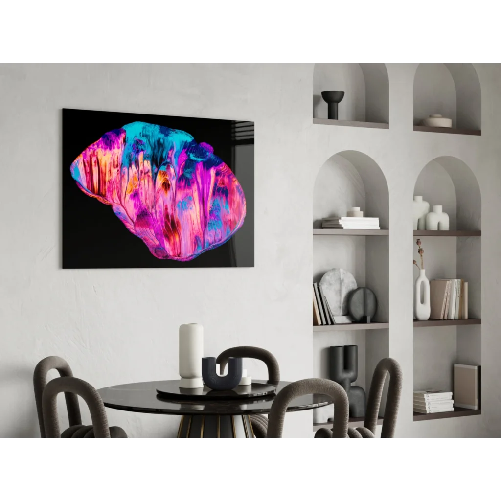 Swirling cosmic glass wall art in vibrant pink, blue, purple hues